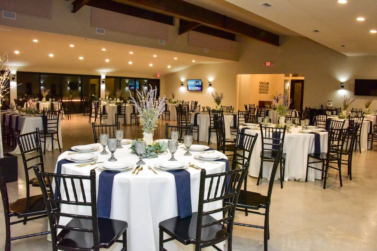 Reception hall at night for a larger Austin-area wedding