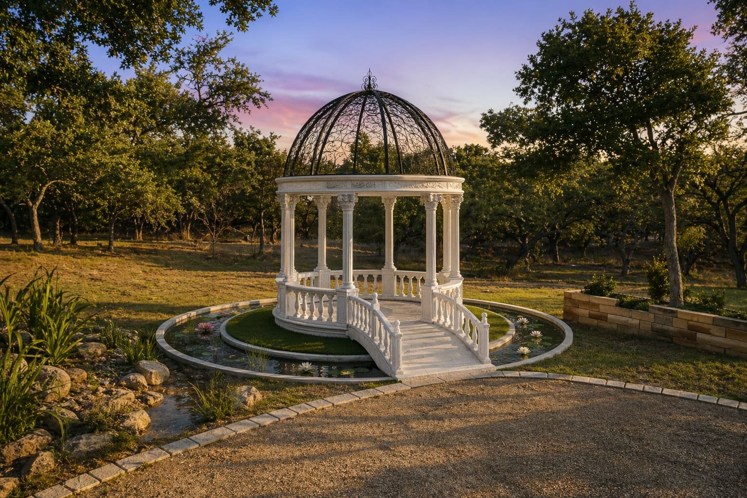 Prima Vista gazebo with lily pond at sunset, Wimberley, TX