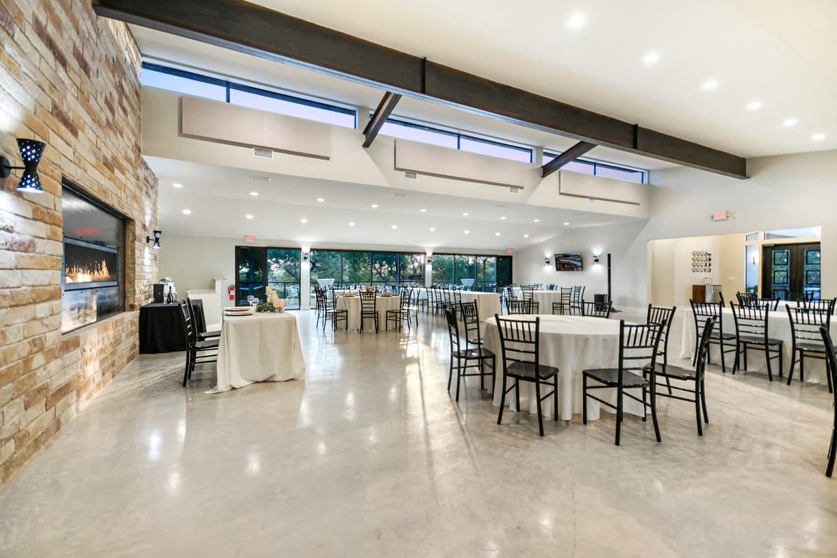 Spacious and climate-controlled reception hall at Prima Vista, ensuring guest comfort during Texas heat