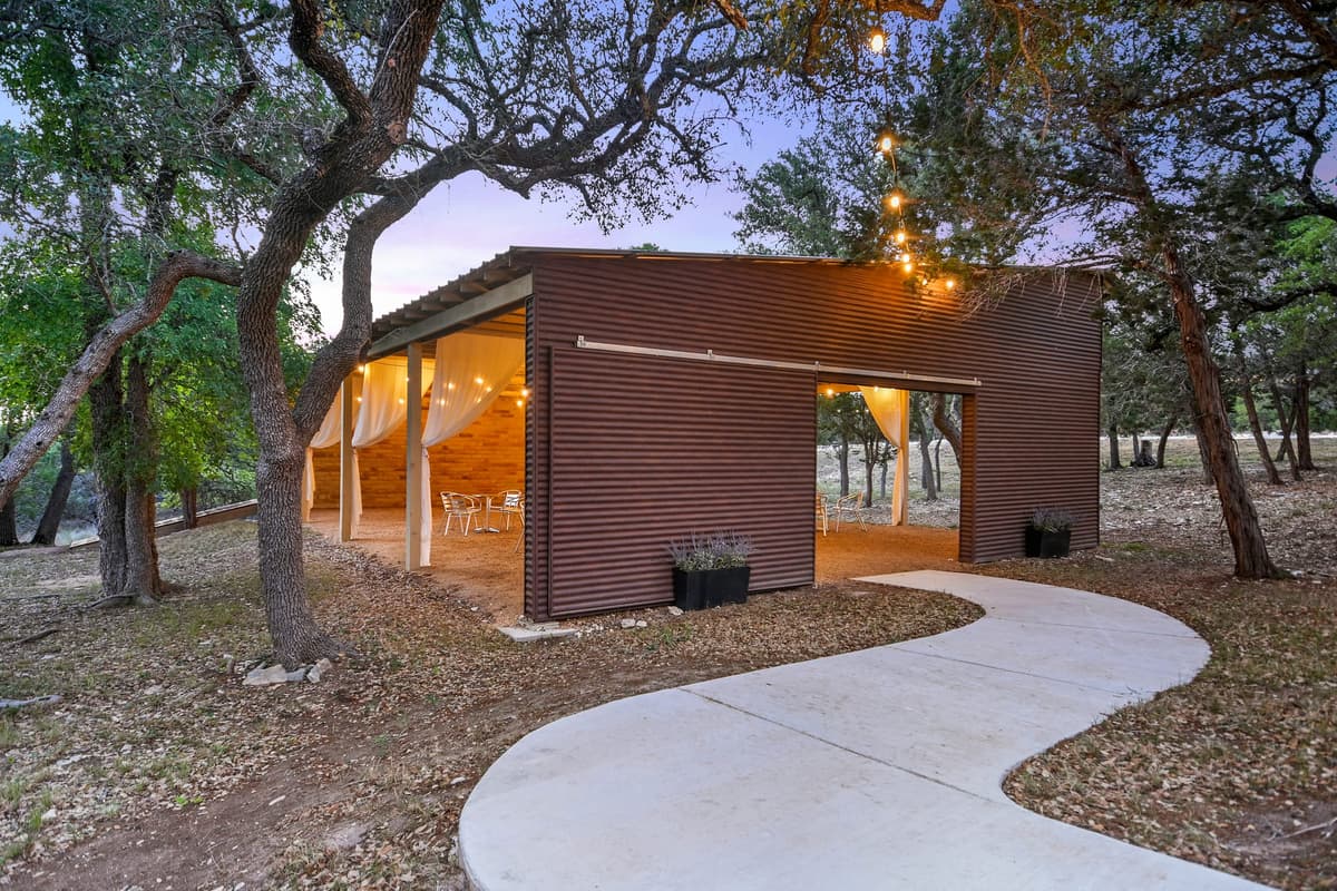 Open-air covered wedding pavilion in the Texas Hill Country