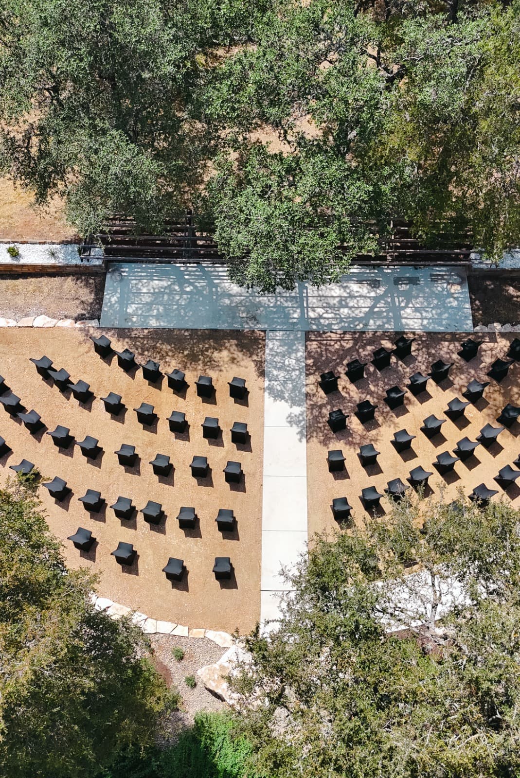 Aerial view of Prima Vista's open-air chapel and ceremony seating in Wimberley