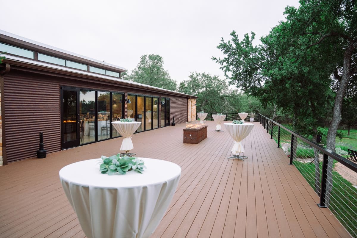 Cocktail hour setup on Prima Vista's Hill Country sunset deck