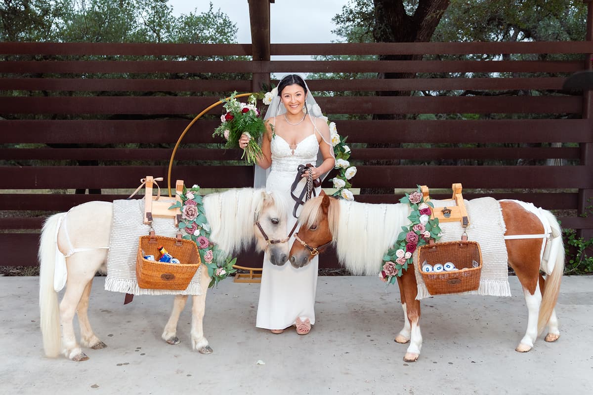 Natasha with two flower-basket miniature horses at Prima Vista