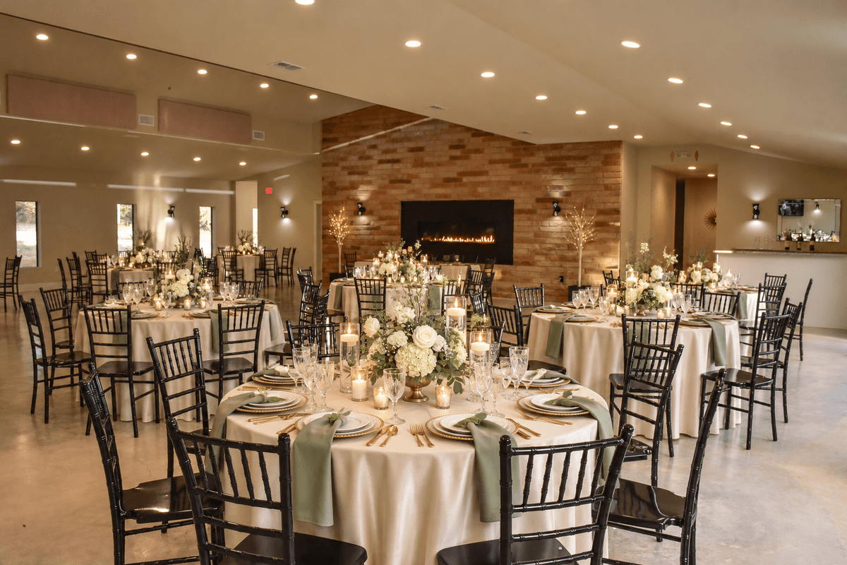 Sage and champagne reception design at Prima Vista