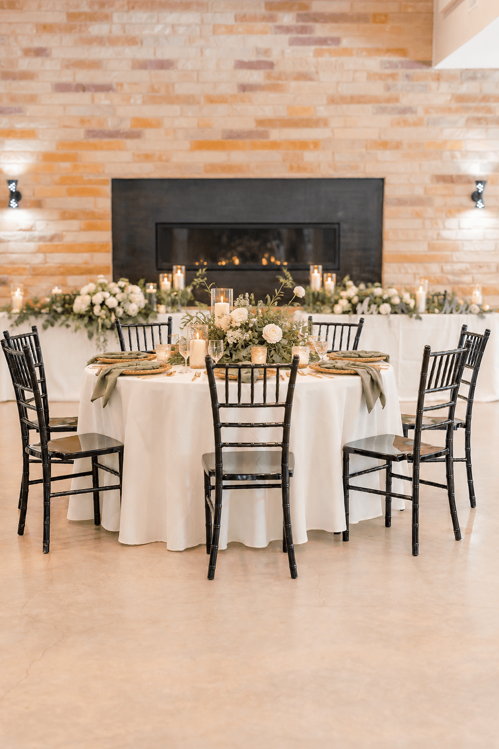 Olive, ivory, and natural texture on a reception table