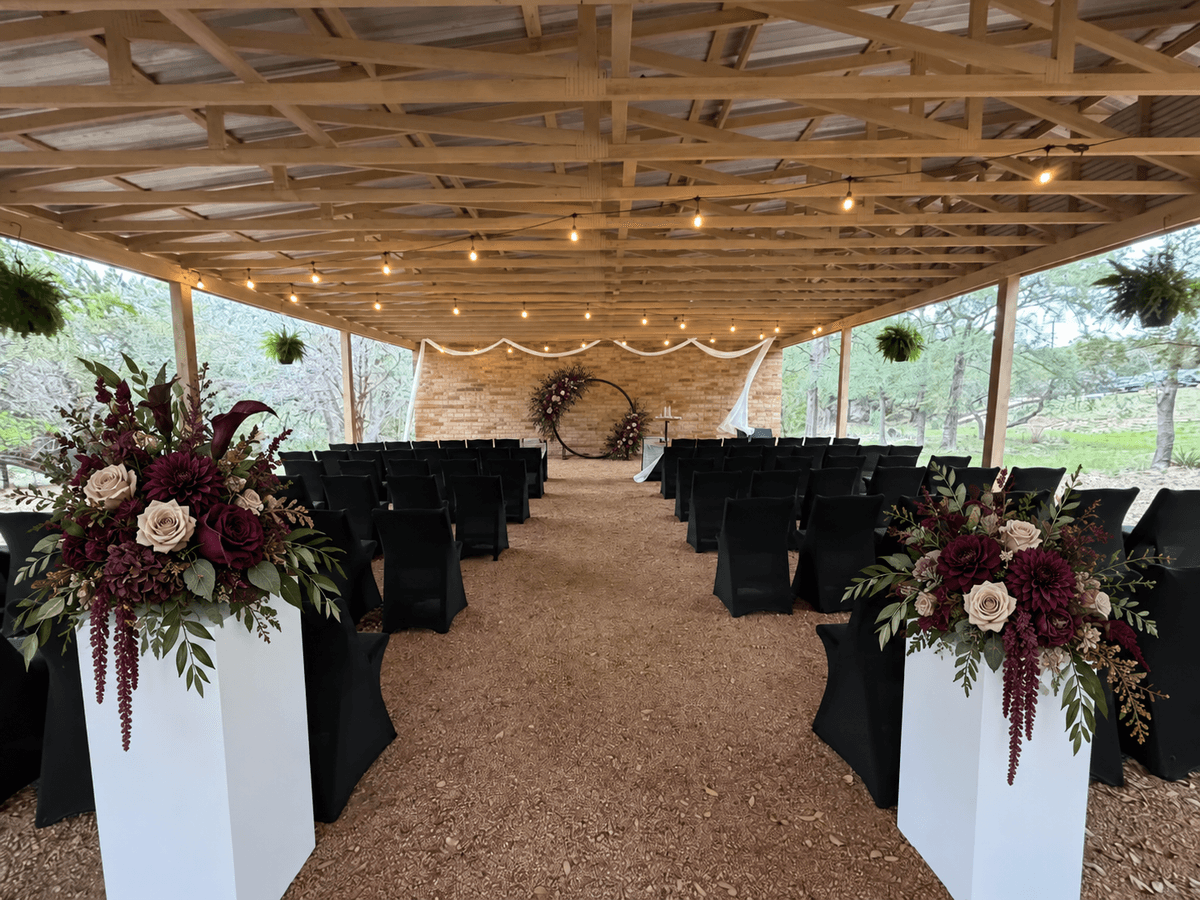Rooted Romance pavilion ceremony in plum and olive