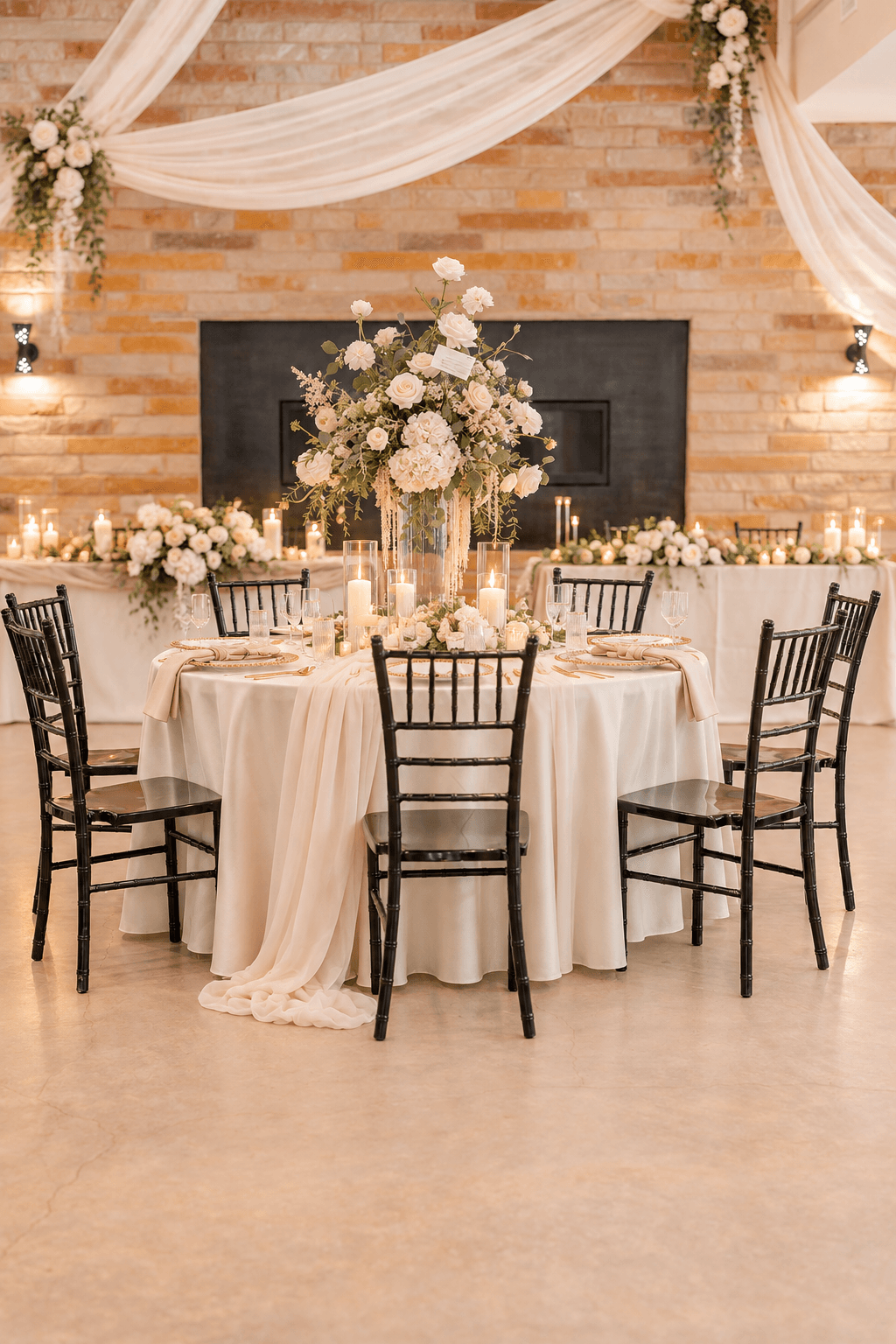 Champagne textile and blush floral table detail