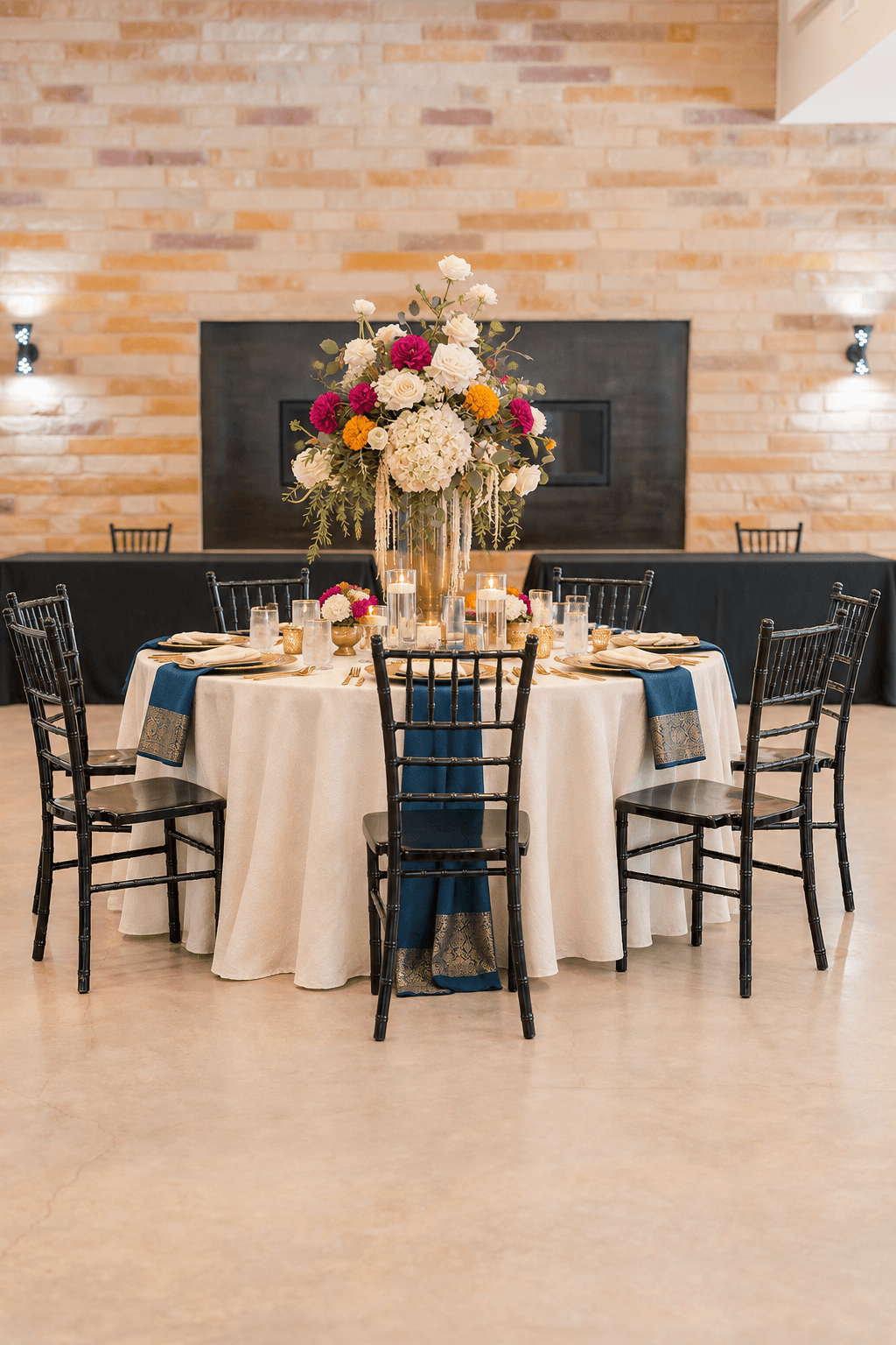 Jewel-tone textiles, florals, and antique gold table details